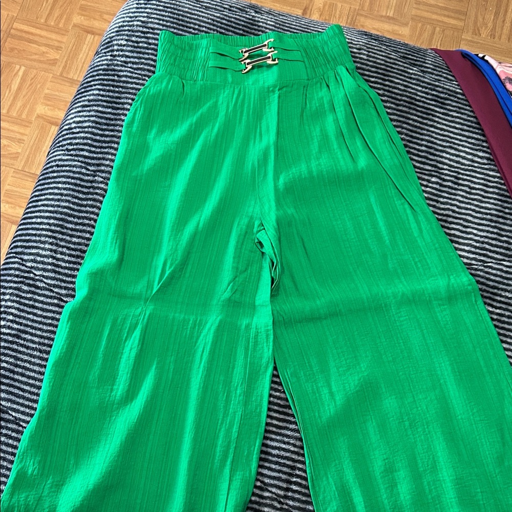 Chic Green High-Waisted Pants with Metal Detail